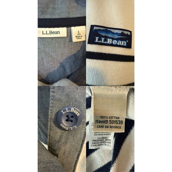 L.L.Bean Soft Cotton Rugby Striped Shirt In White & Navy Blue Size L Petite - Picture 6 of 9